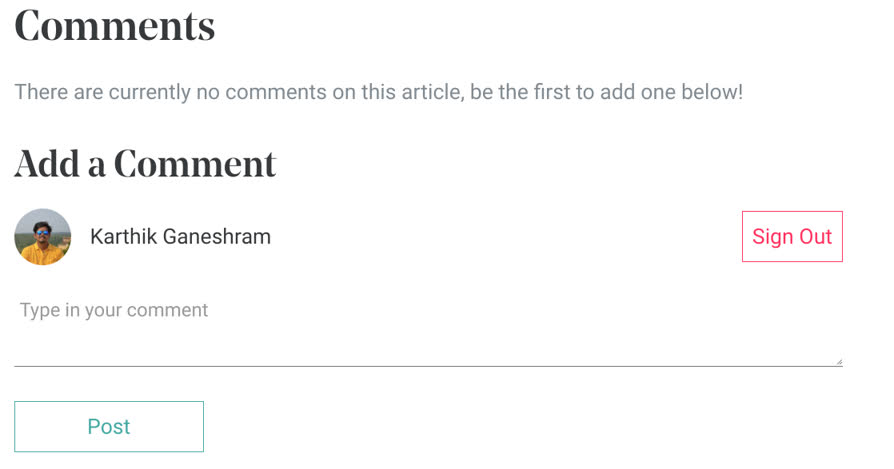 “Comments section with user logged in”