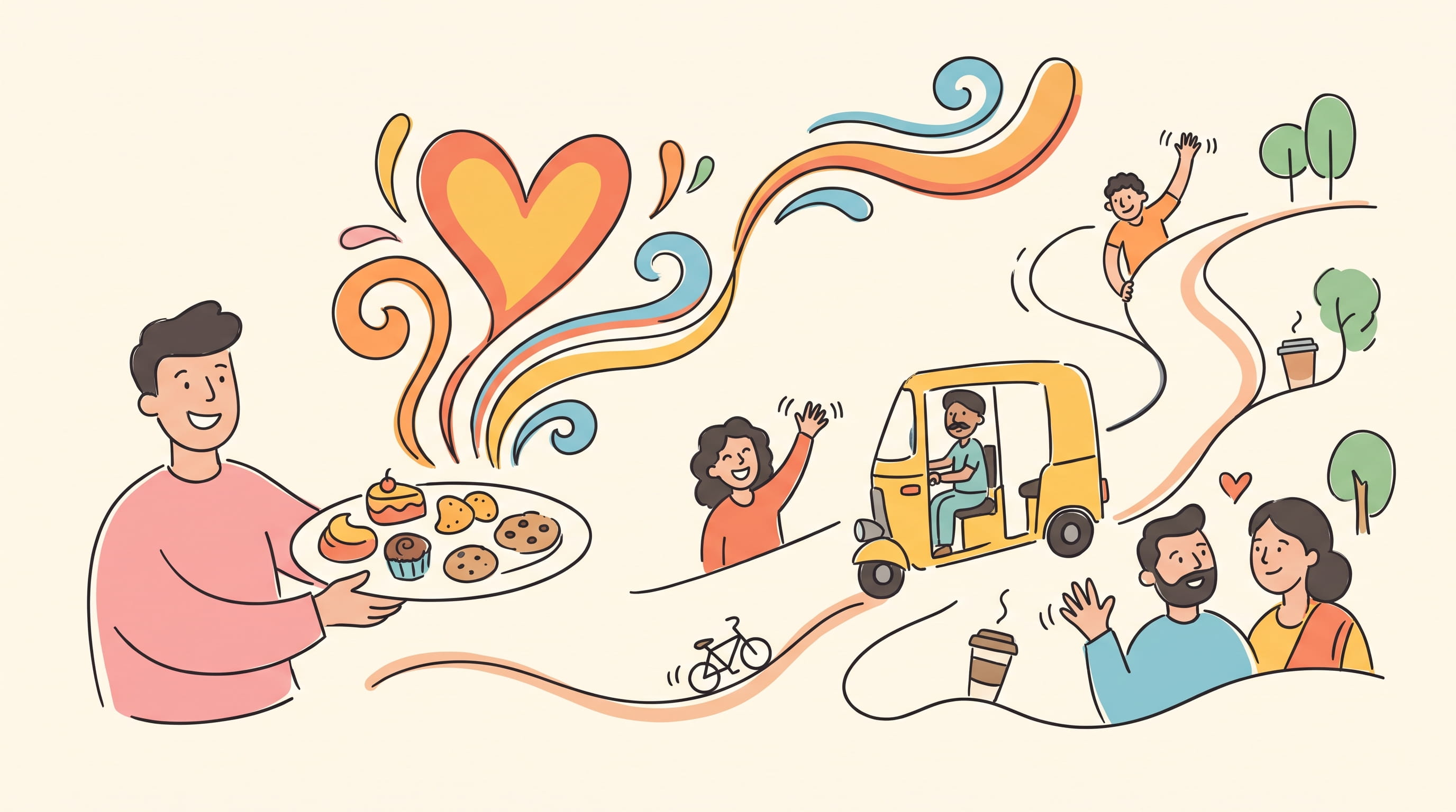Illustration of someone sharing food, people waving, an auto-rickshaw, a bicycle, and coffee along a winding path.
